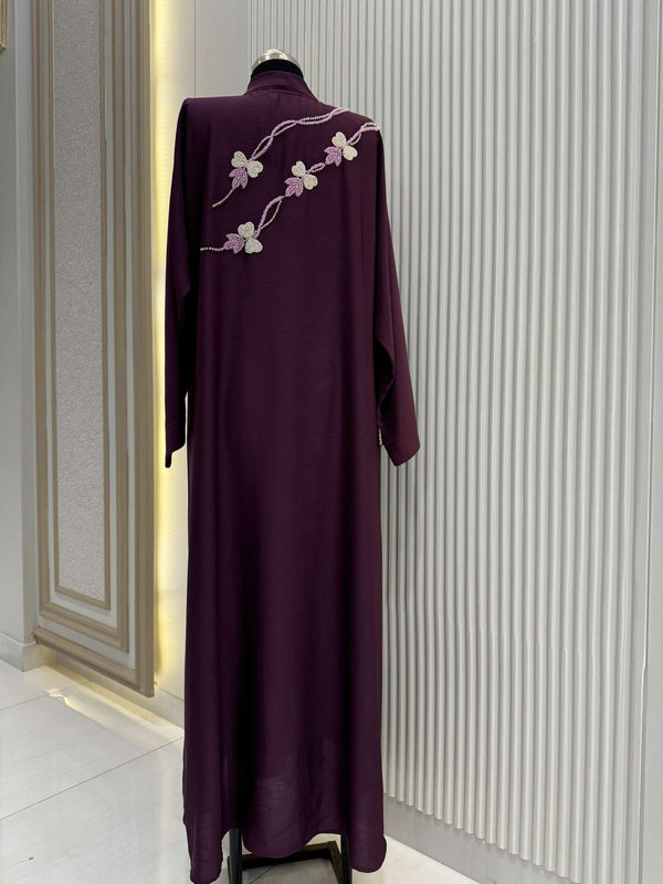 Mulberry Abaya with Handwork Embroidery | 56-Inch Saudi Zoom Fabric | Elegant Modest Wear for Women