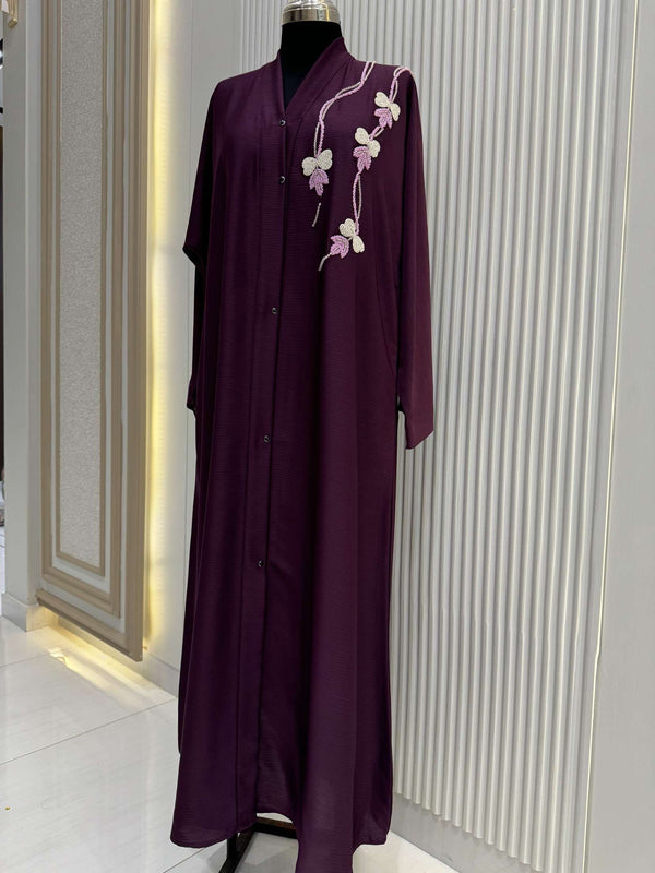 Mulberry Abaya with Handwork Embroidery | 56-Inch Saudi Zoom Fabric | Elegant Modest Wear for Women