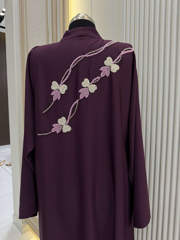 Mulberry Abaya with Handwork Embroidery | 56-Inch Saudi Zoom Fabric | Elegant Modest Wear for Women