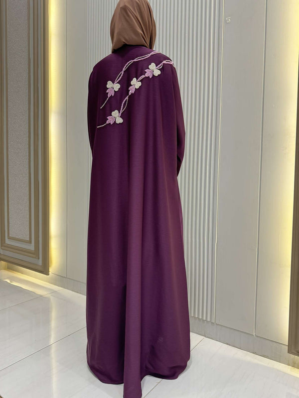 Mulberry Abaya with Handwork Embroidery | 56-Inch Saudi Zoom Fabric | Elegant Modest Wear for Women