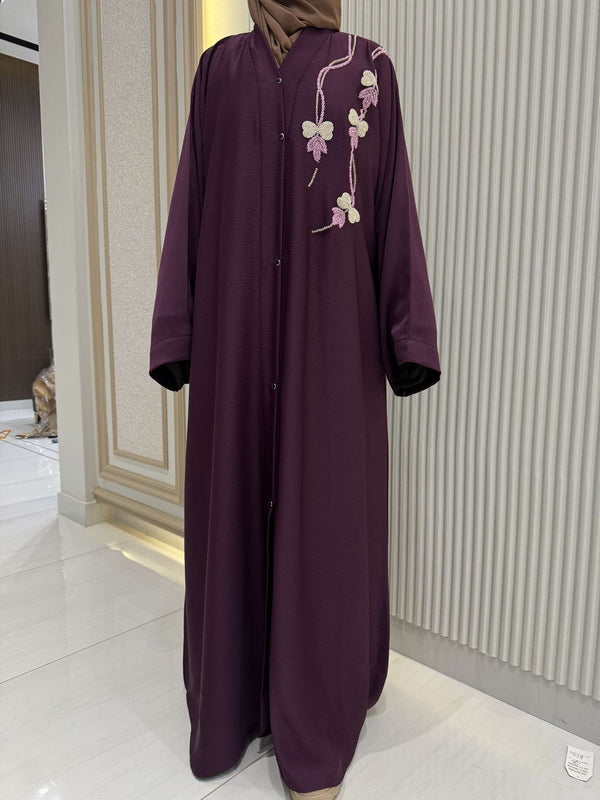 Mulberry Abaya with Handwork Embroidery | 56-Inch Saudi Zoom Fabric | Elegant Modest Wear for Women