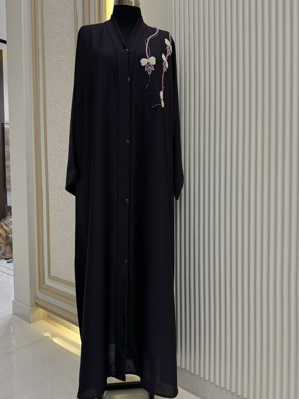 Eggplant Purple Abaya with Handwork Embroidery | 56-Inch Saudi Zoom Fabric | Elegant Modest Wear for Women