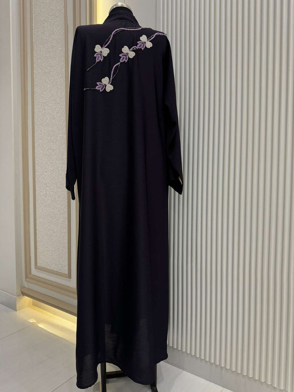 Eggplant Purple Abaya with Handwork Embroidery | 56-Inch Saudi Zoom Fabric | Elegant Modest Wear for Women