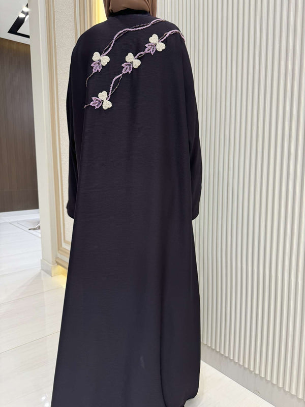 Eggplant Purple Abaya with Handwork Embroidery | 56-Inch Saudi Zoom Fabric | Elegant Modest Wear for Women