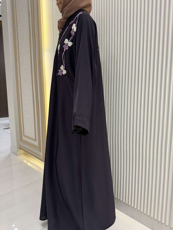 Eggplant Purple Abaya with Handwork Embroidery | 56-Inch Saudi Zoom Fabric | Elegant Modest Wear for Women