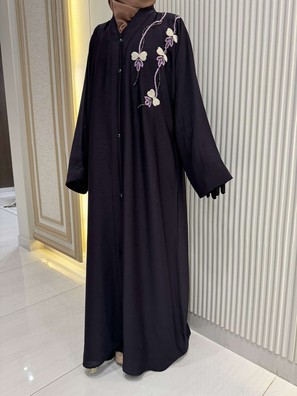 Eggplant Purple Abaya with Handwork Embroidery | 56-Inch Saudi Zoom Fabric | Elegant Modest Wear for Women