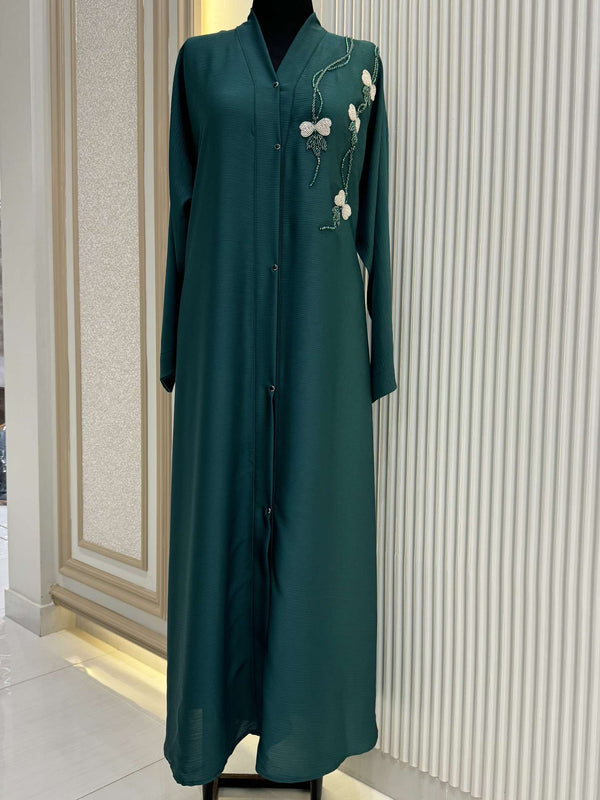 Persian Green Abaya with Handwork Embroidery | 56-Inch Saudi Zoom Fabric | Luxury Modest Wear for Women