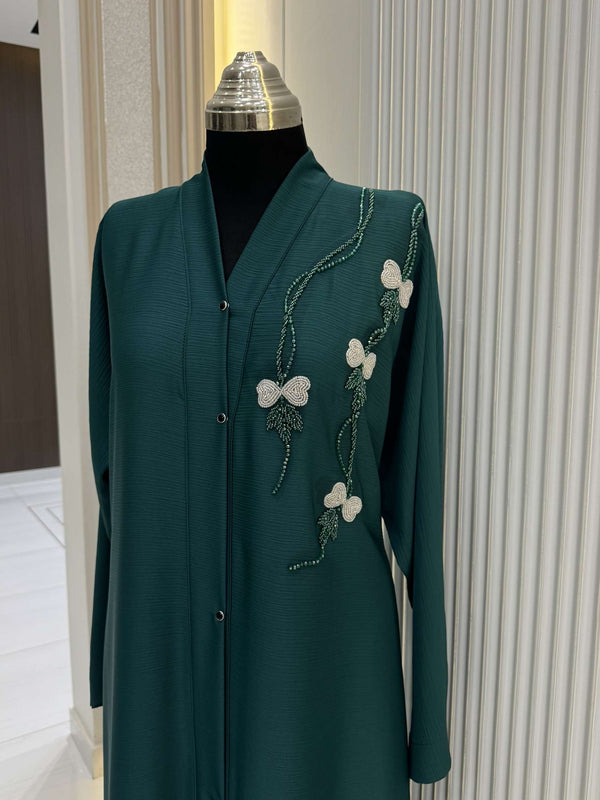Persian Green Abaya with Handwork Embroidery | 56-Inch Saudi Zoom Fabric | Luxury Modest Wear for Women