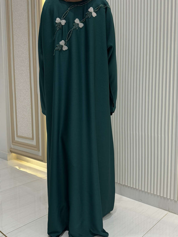Persian Green Abaya with Handwork Embroidery | 56-Inch Saudi Zoom Fabric | Luxury Modest Wear for Women