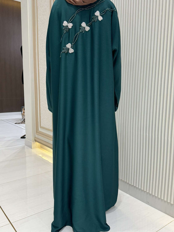 Persian Green Abaya with Handwork Embroidery | 56-Inch Saudi Zoom Fabric | Luxury Modest Wear for Women