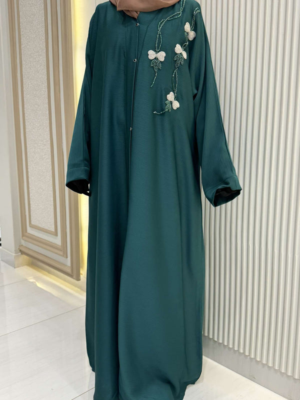 Persian Green Abaya with Handwork Embroidery | 56-Inch Saudi Zoom Fabric | Luxury Modest Wear for Women
