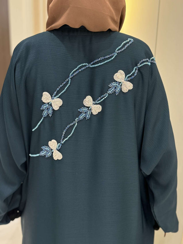 Crystal Teal Abaya with Intricate Handwork Embroidery | 56-Inch Saudi Zoom Fabric | Elegant Modest Wear for Women