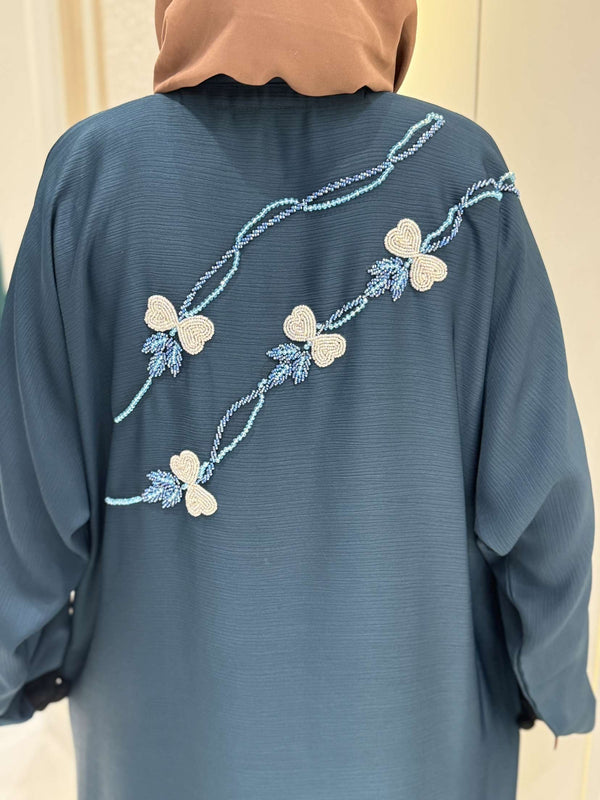 Crystal Teal Abaya with Intricate Handwork Embroidery | 56-Inch Saudi Zoom Fabric | Elegant Modest Wear for Women