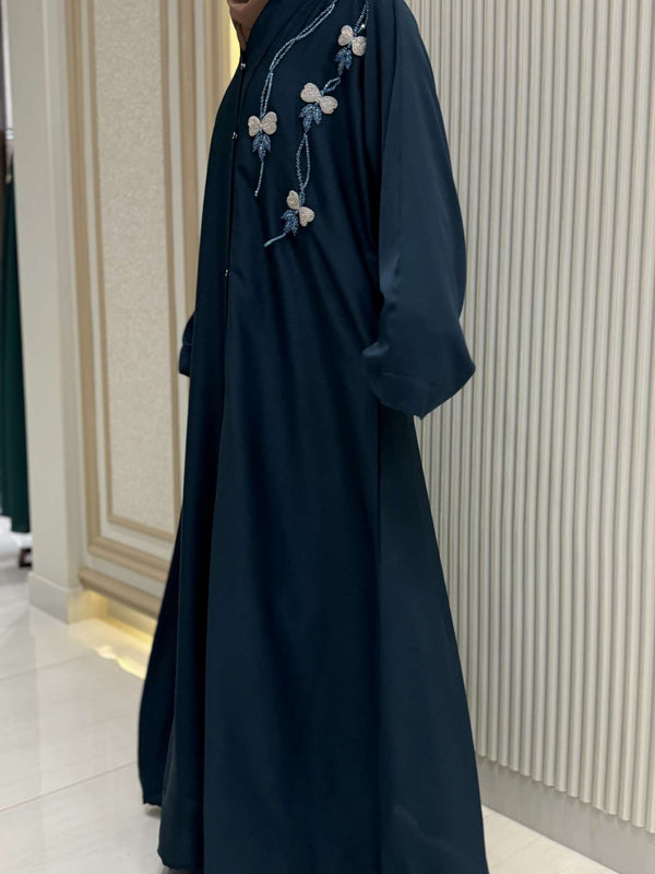 Crystal Teal Abaya with Intricate Handwork Embroidery | 56-Inch Saudi Zoom Fabric | Elegant Modest Wear for Women