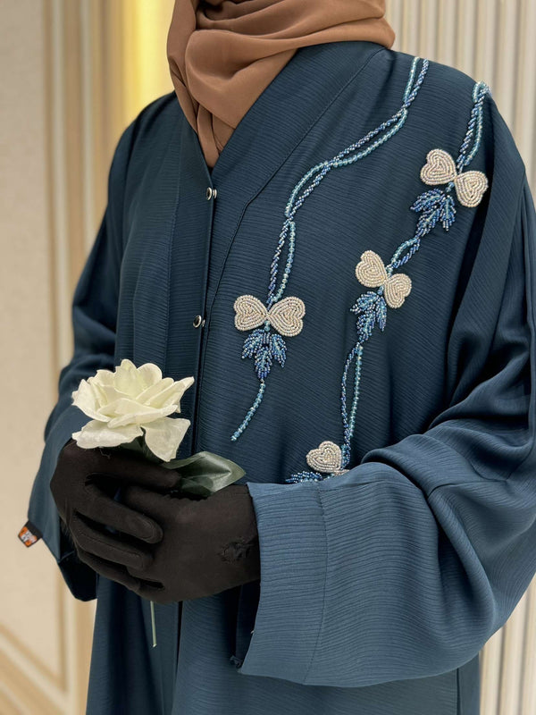 Crystal Teal Abaya with Intricate Handwork Embroidery | 56-Inch Saudi Zoom Fabric | Elegant Modest Wear for Women