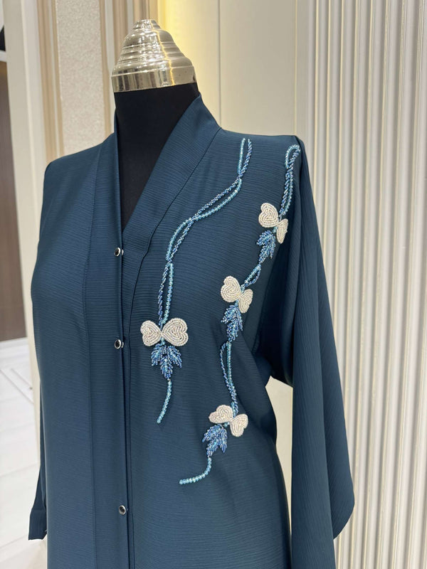 Crystal Teal Abaya with Intricate Handwork Embroidery | 56-Inch Saudi Zoom Fabric | Elegant Modest Wear for Women