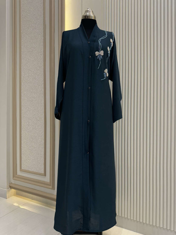 Crystal Teal Abaya with Intricate Handwork Embroidery | 56-Inch Saudi Zoom Fabric | Elegant Modest Wear for Women